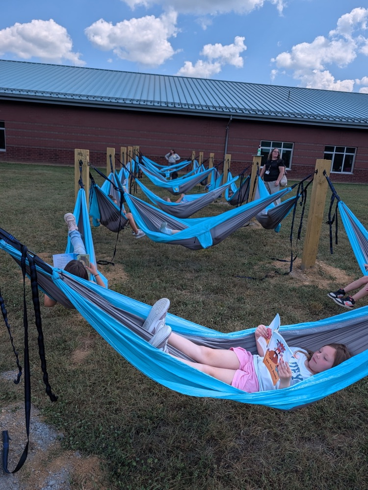 A young girl reclining in a hammock and reading a picture book.