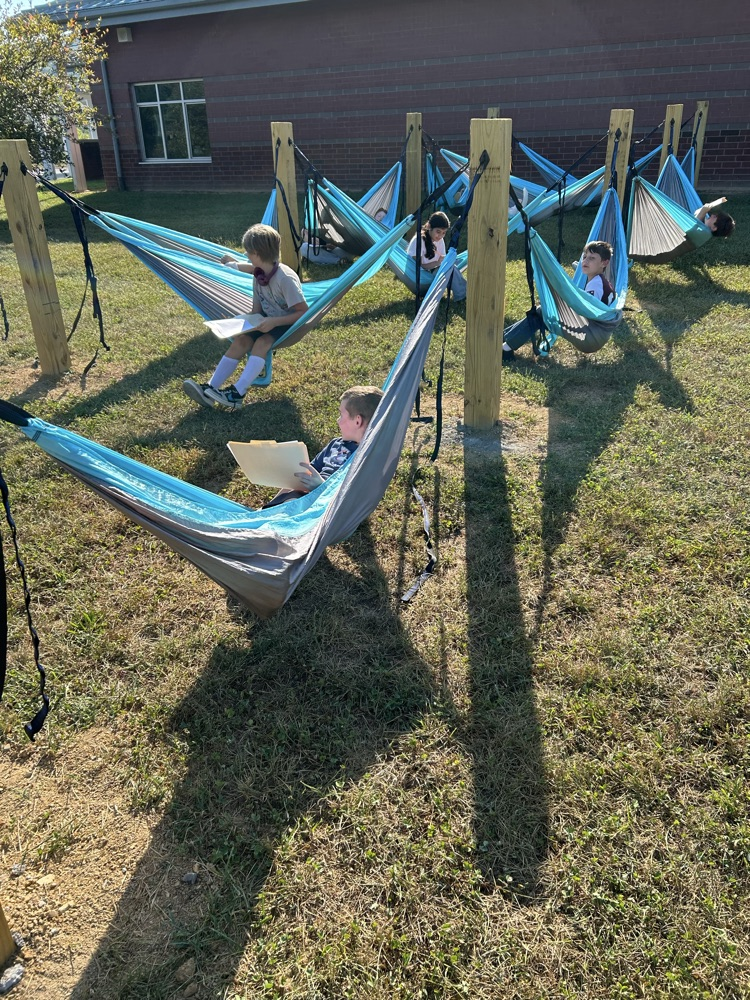 Students sitting in outdoor hammocks writing and working on school assignments.