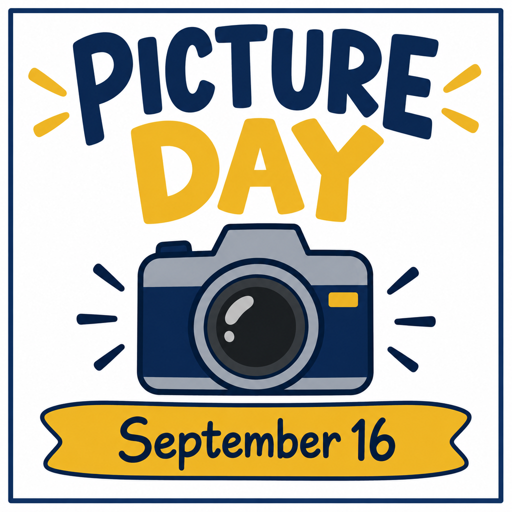 Graphic with a navy and gold camera and the words “Picture Day” and “September 16” on a white background with a navy border.