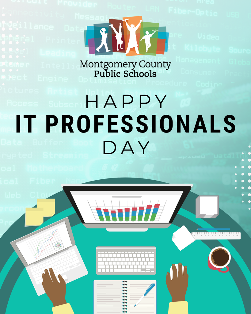 Montgomery County Public Schools celebrates IT Professionals Day with an illustration of a technology workspace and computer equipment.