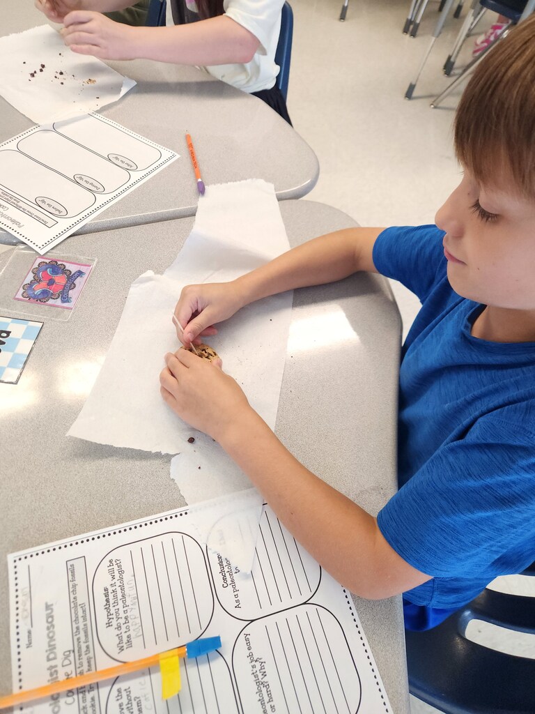 A smiling elementary student sitting at a desk simulating recovering fossils with chocolate chip cookies while following the scientific process