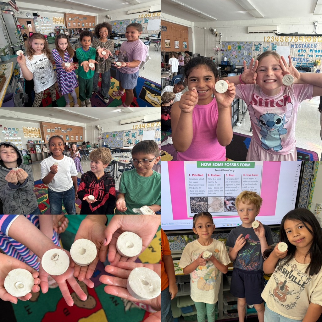 A collage of photos of elementary students learning about fossils.