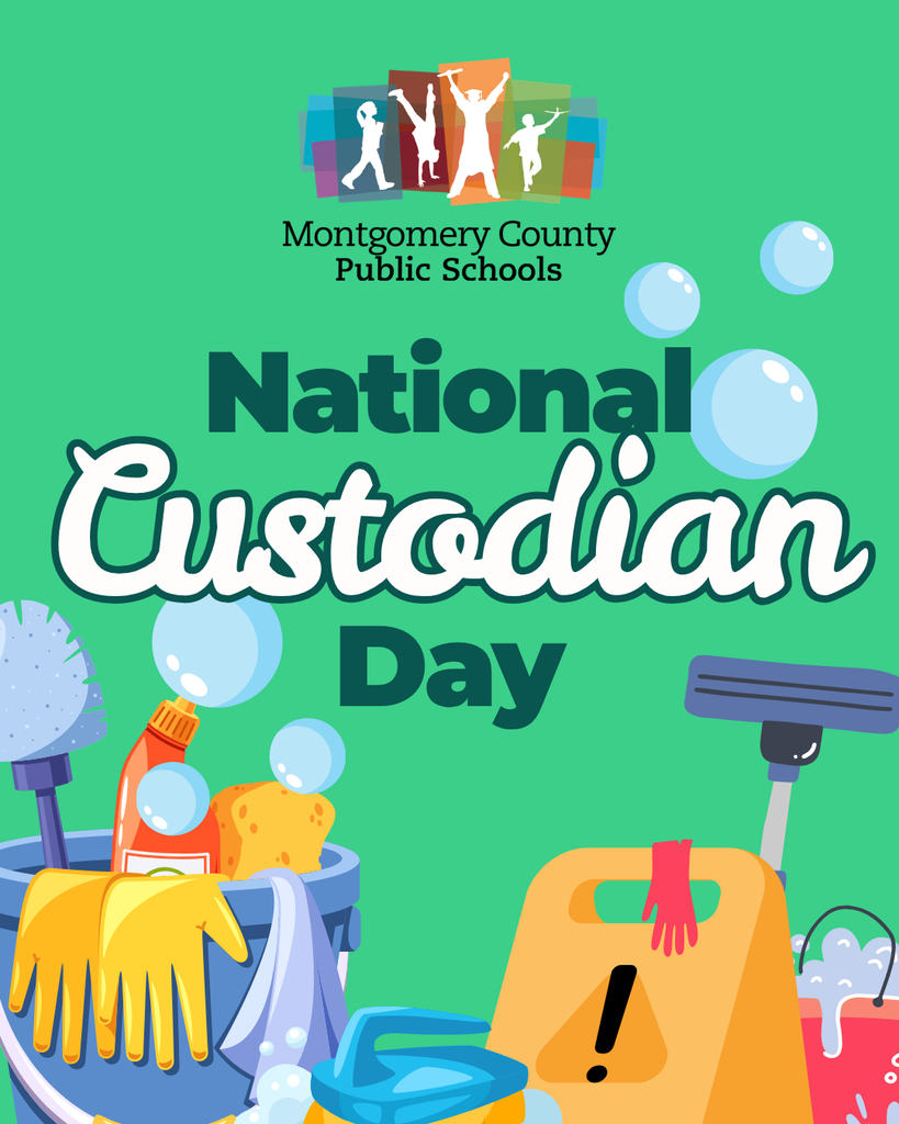 Montgomery County Public Schools recognizes National Custodian Day with colorful cleaning supplies, bubbles, and equipment.