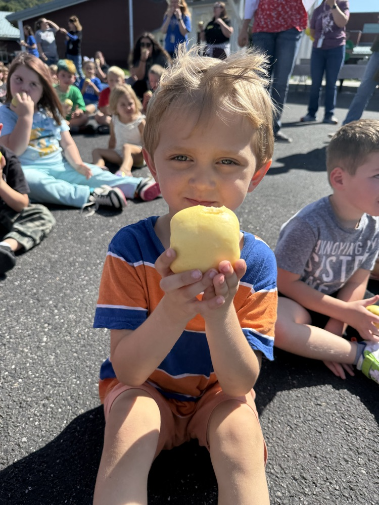 Young child holding an apple.
