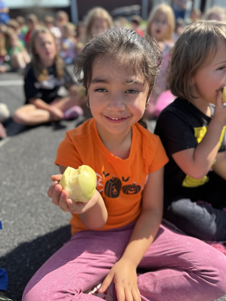 Young child holding an apple.