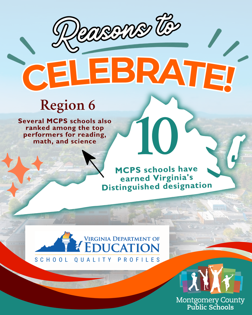 Celebratory graphic announcing 10 MCPS schools earned Virginia's Distinguished designation, with Region 6 academic achievements highlighted.