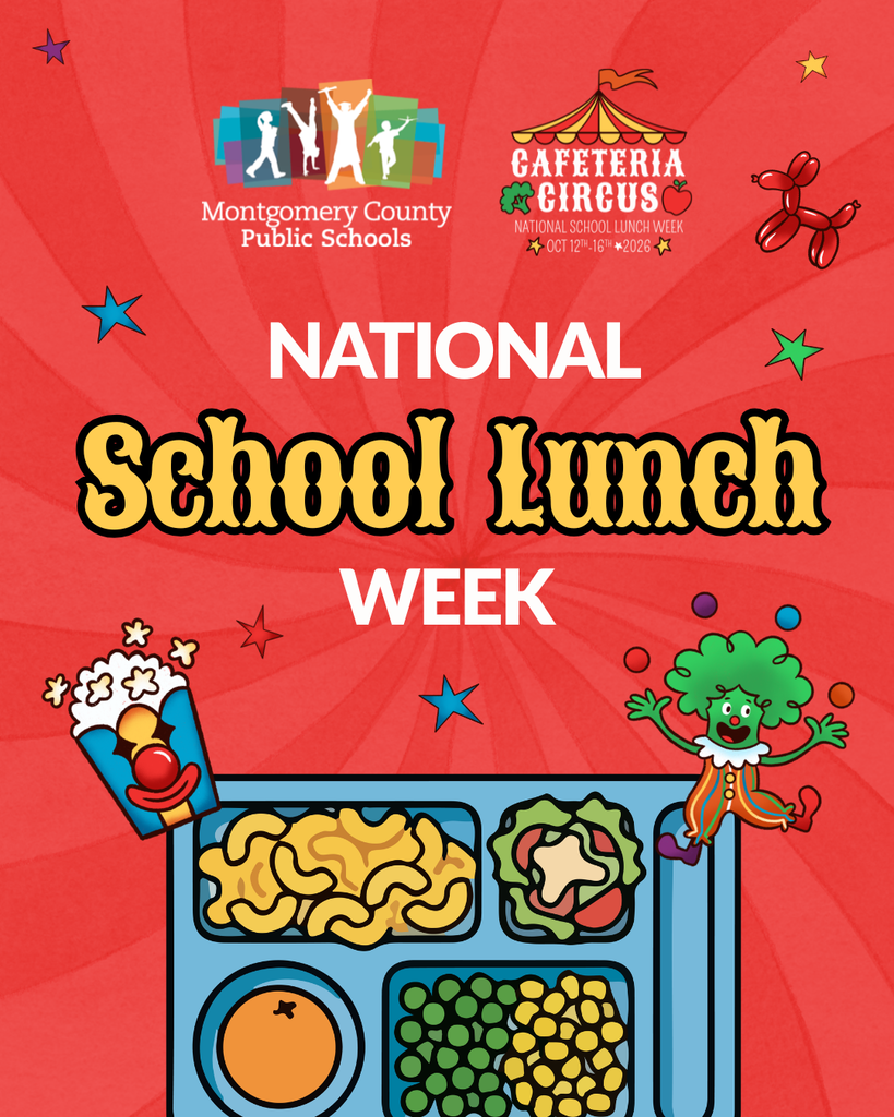 Colorful red circus-themed poster celebrating National School Lunch Week, featuring a clown, cafeteria tray, and school logos.