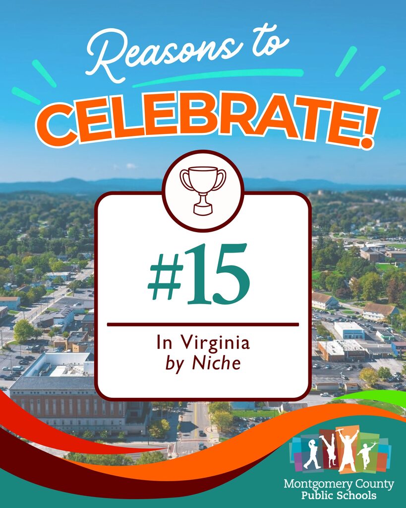 Montgomery County Public Schools celebrates its #15 ranking in Virginia by Niche, featuring a trophy and aerial town view.