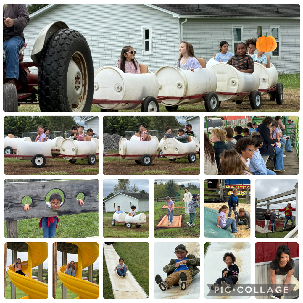 Collage of photos with children at a farm riding wagons behind a tractor and playing on slides.