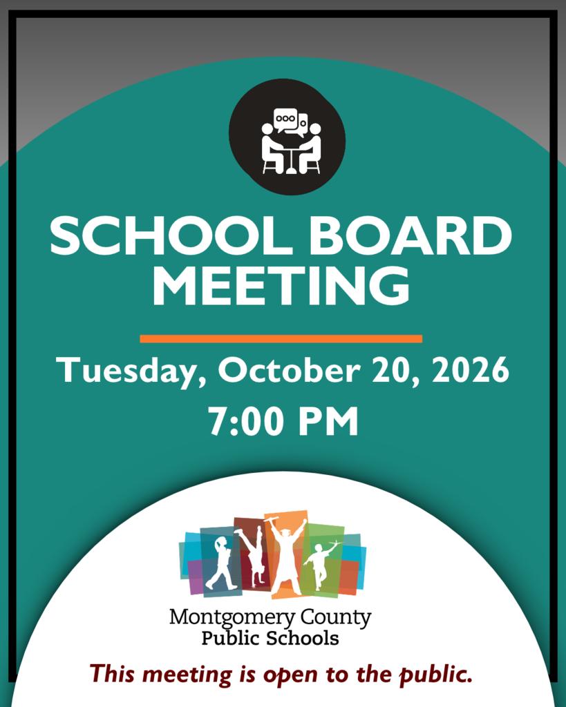 Montgomery County Public Schools announces a public school board meeting Tuesday, October 20, 2026, at 7:00 PM.