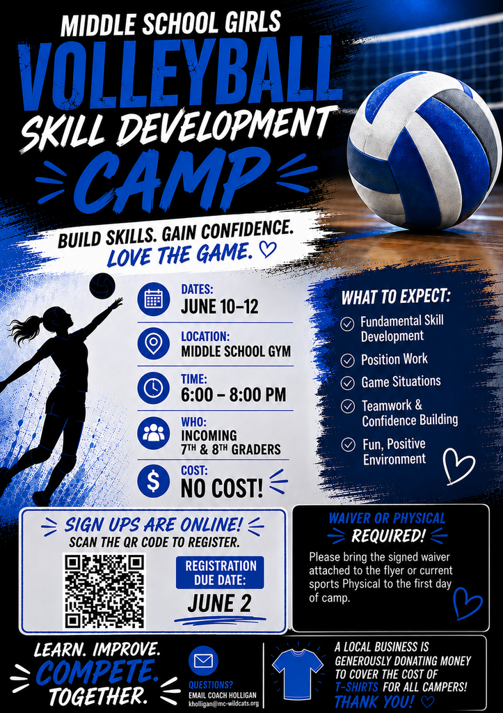 Middle school girls volleyball camp will be on June 10-12, scan the QR code to register.