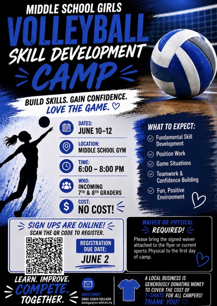 7th and 8th grade girls volleyball camp. There is a QR code to register. Camp is June 10-12 in the middle school from 6-8 pm.