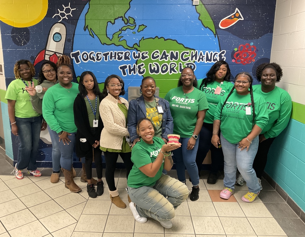 Smiles all around! Kindergarten-2nd-grade students at Blount Elementary learned how to take care of their teeth from students at Fortis College, led by Angelia Riley, Lead Dental instructor.