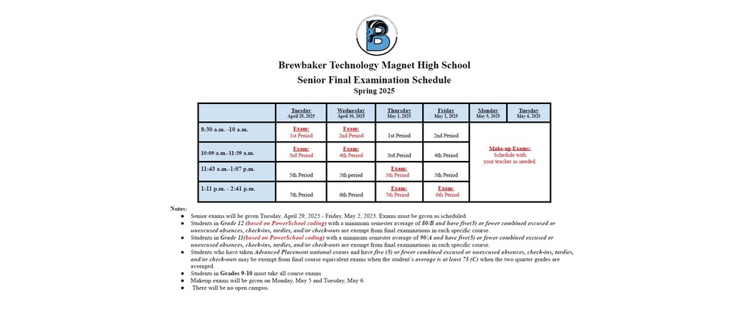 Senior Exam Schedule 2025