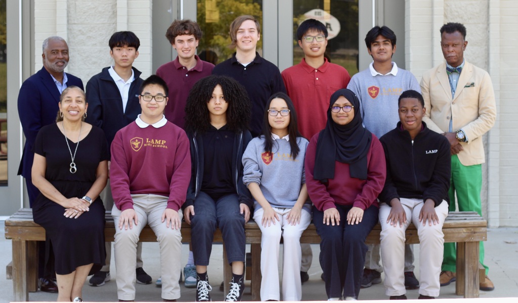 (Back Row) Dr. Aurelio Harrison (principal), Daniel D. Kim, Pearson Colee, Joshua Dryjanski, Evan Zhao, Jatin Banna, Dr. Craig Rogers (assistant principal); (Front Row) Annie Mathis (guidance counselor), Jerry Chen, Layla Smith, Ariel Shin, Raima Jerin, and Carson Washington (Ava Ellis, not pictured). 