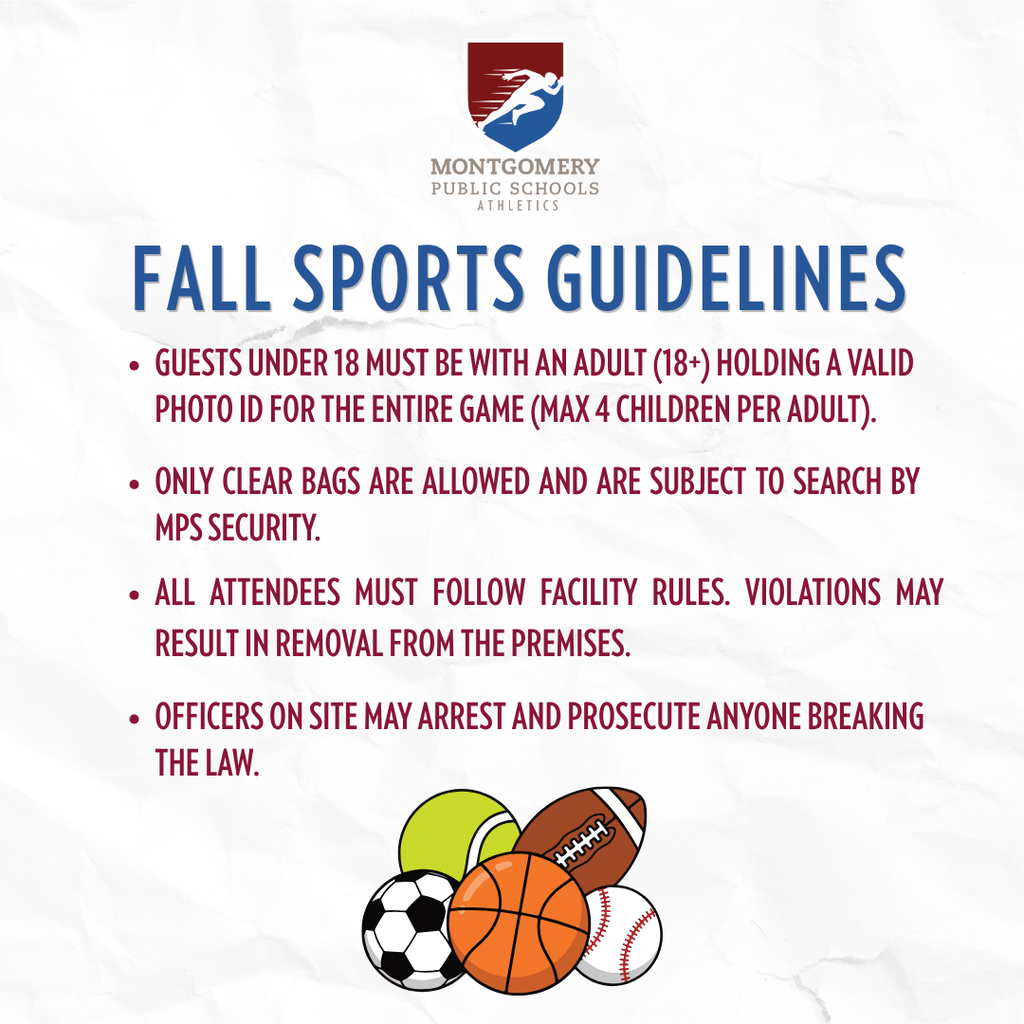 Montgomery Public Schools Athletics graphic listing Fall Sports Guidelines: mandatory adult chaperones for guests under 18, clear bag policy subject to search, compliance with facility rules, and law enforcement presence.