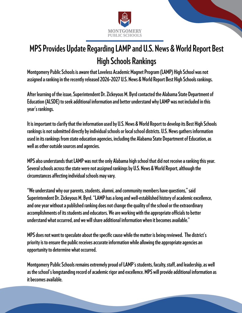 An official statement from Montgomery Public Schools titled "MPS Provides Update Regarding LAMP and U.S. News & World Report Best High Schools Rankings." The document displays the MPS logo at the top and explains that LAMP High School was not assigned a ranking in the 2026–2027 U.S. News rankings, along with other high schools across Alabama. It clarifies that ranking data is gathered by U.S. News from state agencies like the ALSDE rather than submitted directly by local districts. A quote from Superintendent Dr. Zickeyous M. Byrd reaffirms LAMP's long history of academic excellence and states that MPS is working with state officials to determine what occurred.