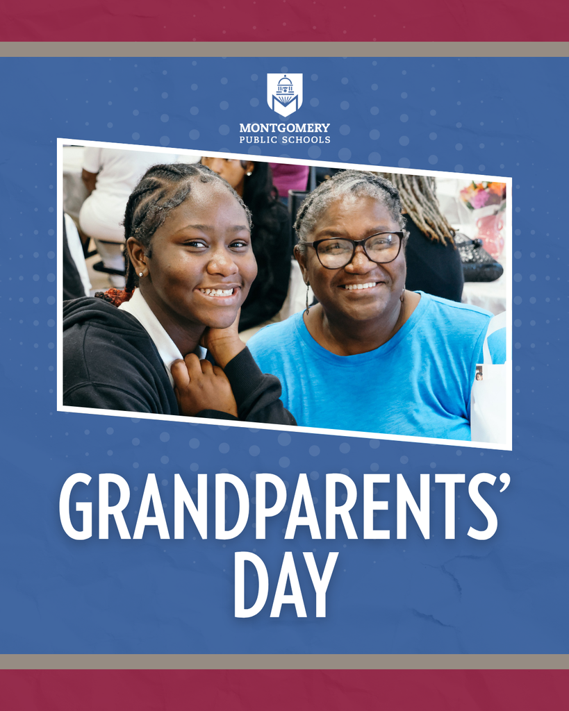 A promotional graphic for Grandparents' Day set against a blue background with faint dot patterns and maroon borders. The top center displays the Montgomery Public Schools logo. In the middle is a framed photo of a smiling female student alongside a smiling woman wearing glasses. Large white bold text at the bottom reads "GRANDPARENTS' DAY".