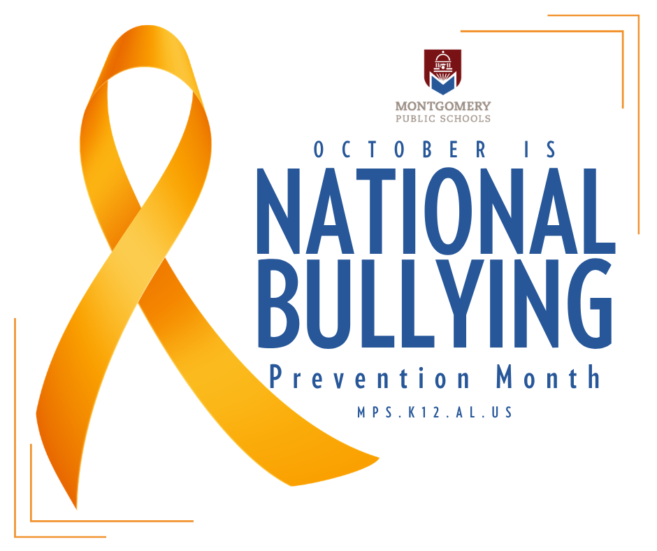 A graphic for National Bullying Prevention Month on a white background with thin orange border accents. On the left side is a large, vibrant orange awareness ribbon. On the right side, the Montgomery Public Schools logo appears above bold blue text reading "OCTOBER IS NATIONAL BULLYING Prevention Month". The district website "MPS.K12.AL.US" is printed at the bottom.