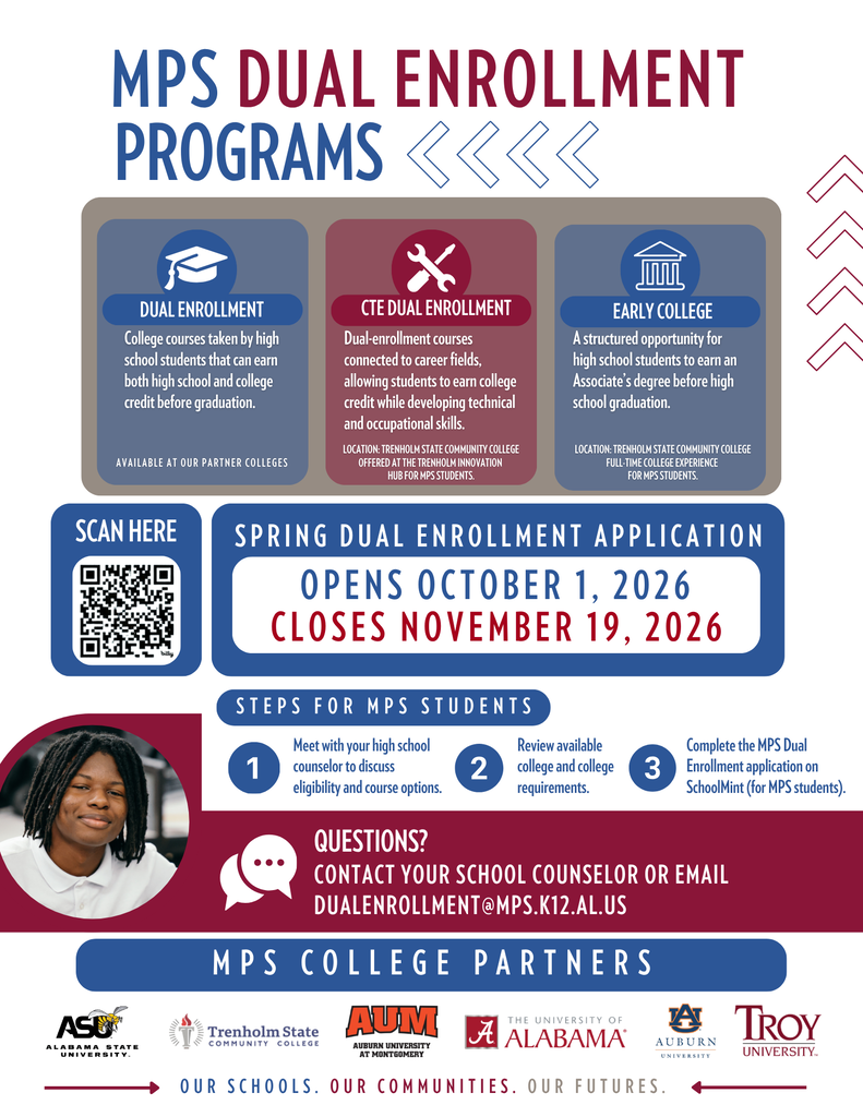 An informational graphic flyer detailing MPS Dual Enrollment Programs for Spring 2026, outlining program types, application dates, steps to apply, contact details, and partner colleges.