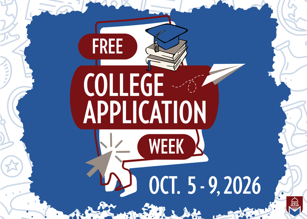 Graphic announcing "Free College Application Week" scheduled for October 5–9, 2026. Features an outline map of Alabama over a blue background with illustrations of books, a graduation cap, a paper airplane, and a computer cursor.