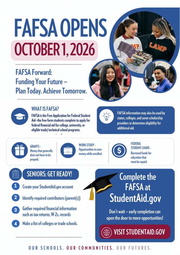 Promotional flyer titled "FAFSA Opens October 1, 2026: FAFSA Forward – Funding Your Future." Includes photos of high school students, definitions of FAFSA and financial aid types (grants, work-study, loans), a 4-step preparation list for seniors, and a call to action to complete the form at StudentAid.gov.