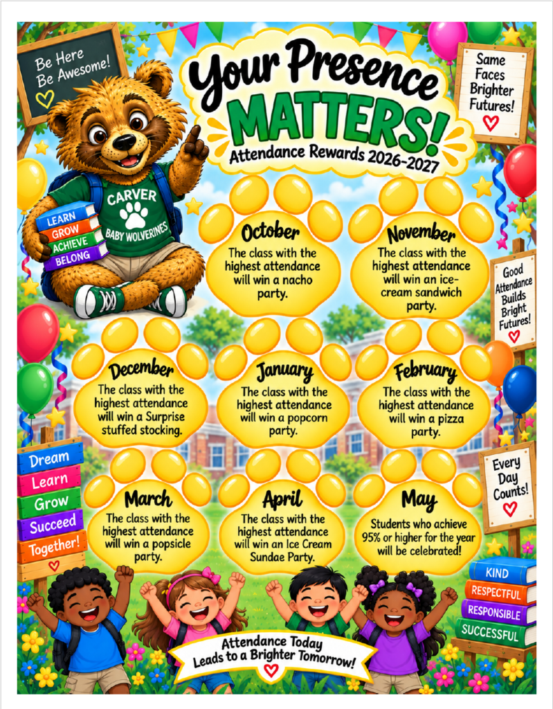 Monthly attendance REWARDS for classrooms with the highest attendance.