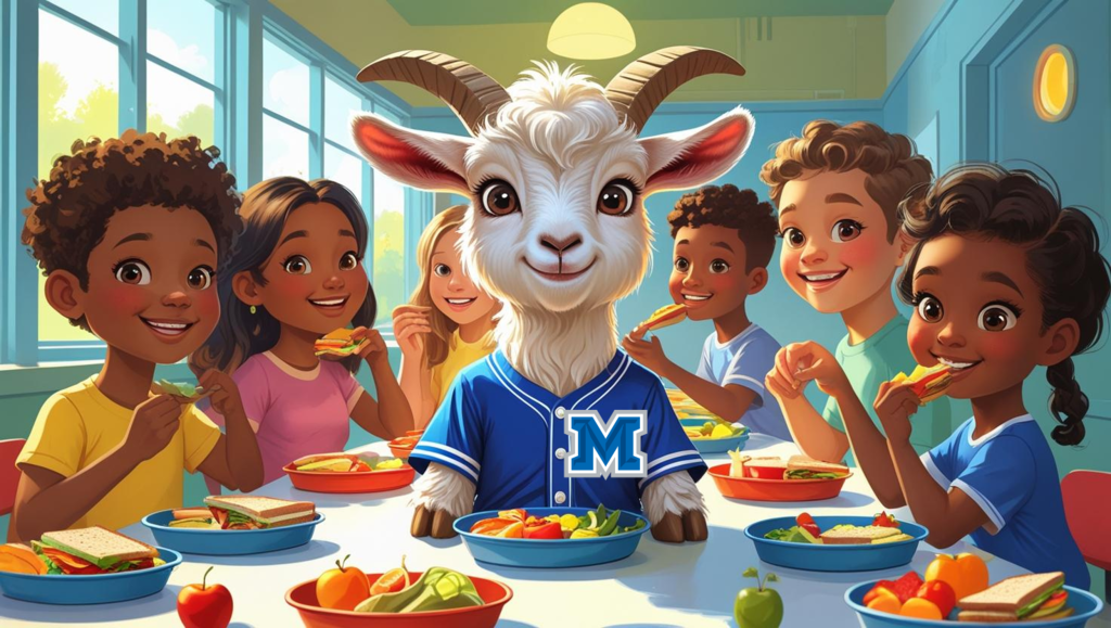 kids eating around a goat at a table
