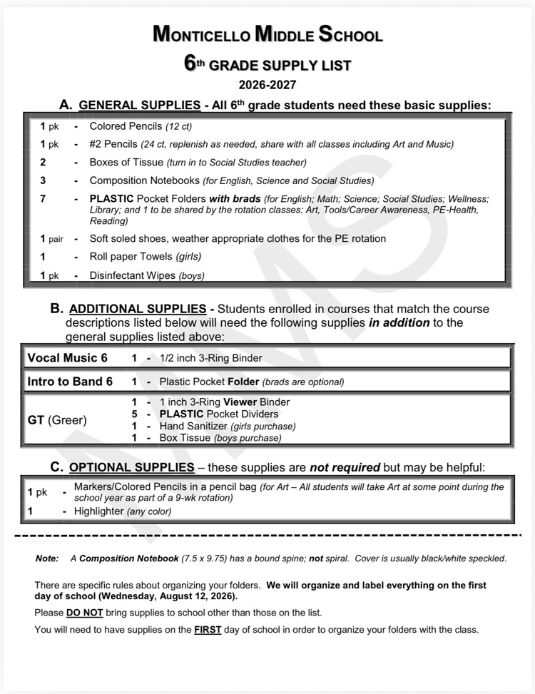 MMS 6th grade school supply list