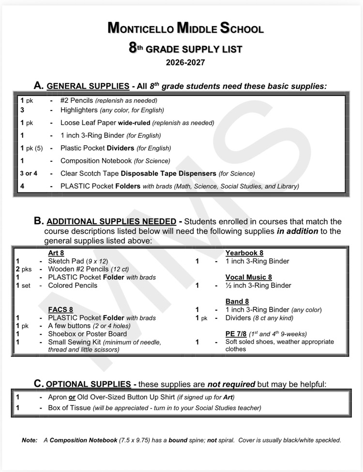 MMS 8th grade school supply list