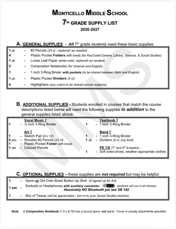 MMS 7th grade school supply list
