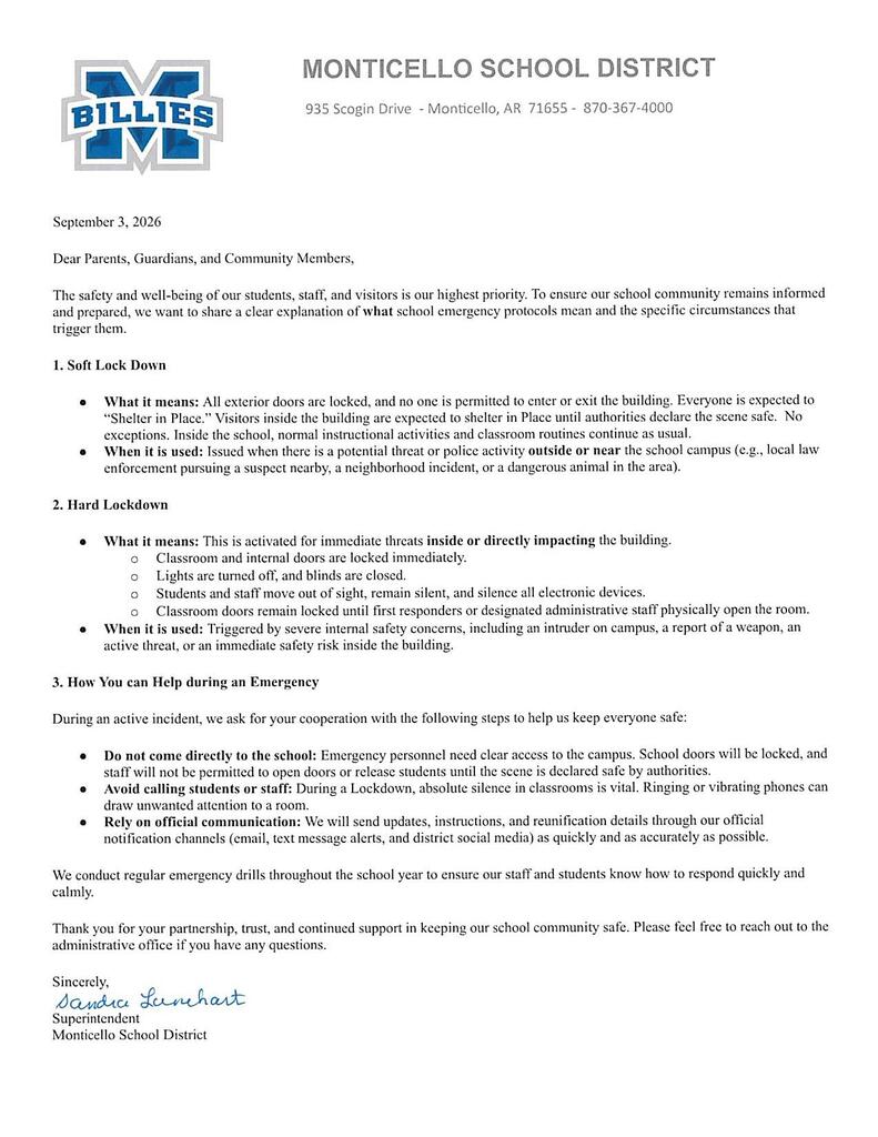 Dear Parents, Guardians, and Community Members,   The safety and well-being of our students, staff, and visitors is our highest priority. To ensure our school community remains informed and prepared, we want to share a clear explanation of what school emergency protocols mean and the specific circumstances that trigger them. 