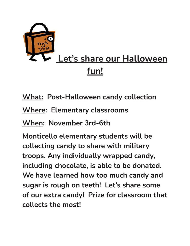 Elementary Post-Halloween Candy Collection for Military Troops November 3rd-6th