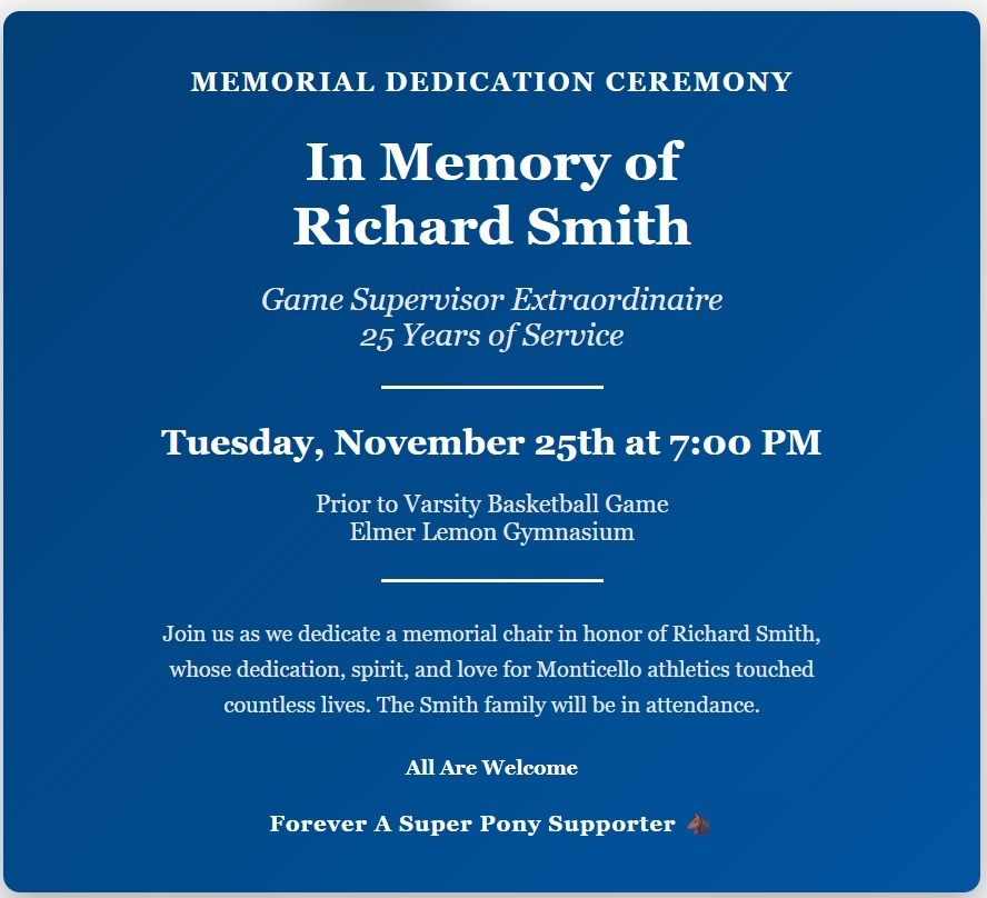 Memorial Dedication Ceremony in Memory of Richard Smith, Tuesday, November 25th at 7 PM