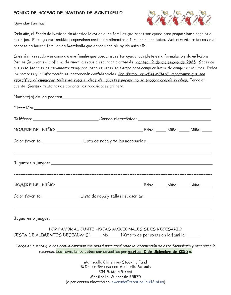 2025 Monticello Christmas Stocking Fund Request - Spanish Version
