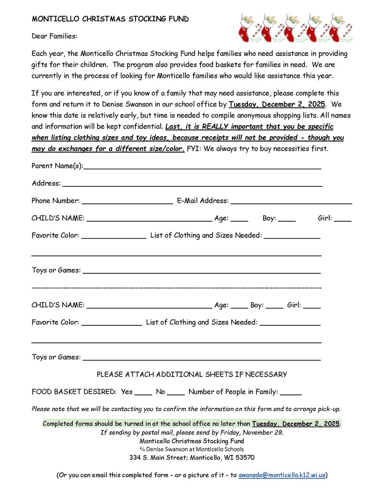 2025 Monticello Christmas Stocking Fund Request