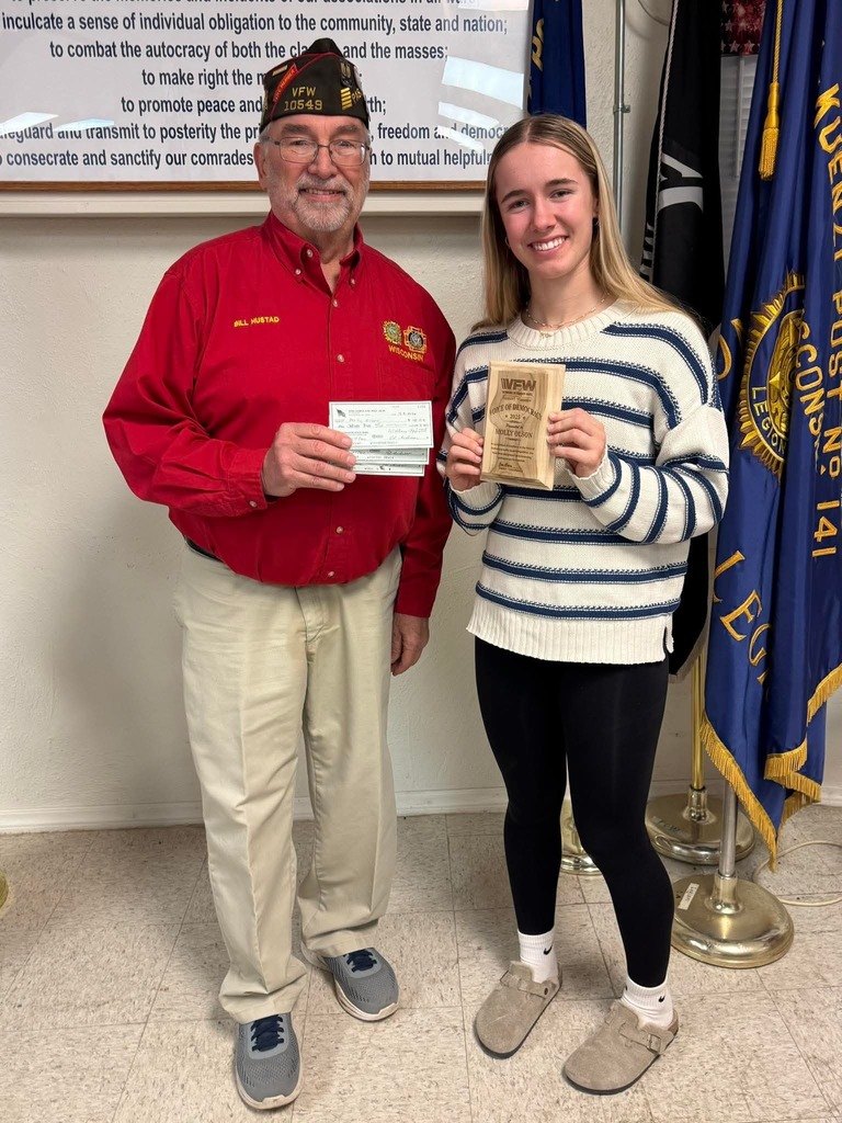 Olson Sisters receive awards at the NG VFW for earning 1st, 2nd and 3rd places for the WI Voices of Democracy Essay Contest.