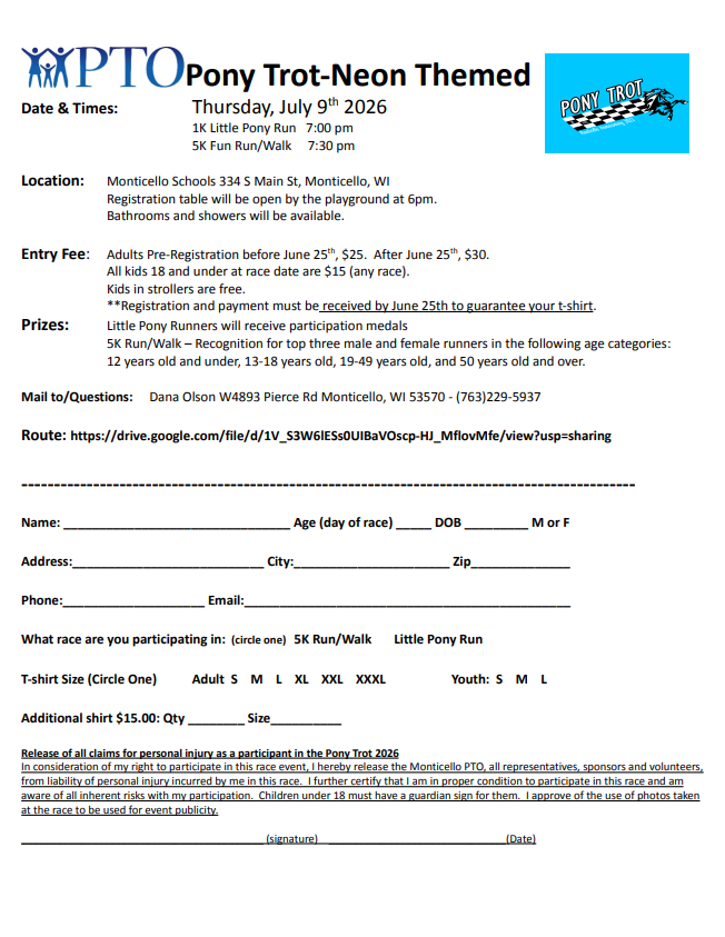 Monticello Pony Trot is Thursday, July 9, 2026.  Pre-register by June 25, 2026 to guarantee a t-shirt.