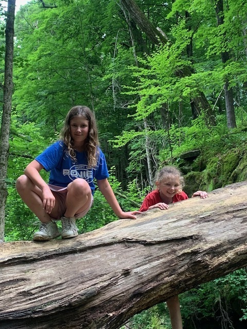 Two middle school students climbing a downed tree at Governor Dodge State Park