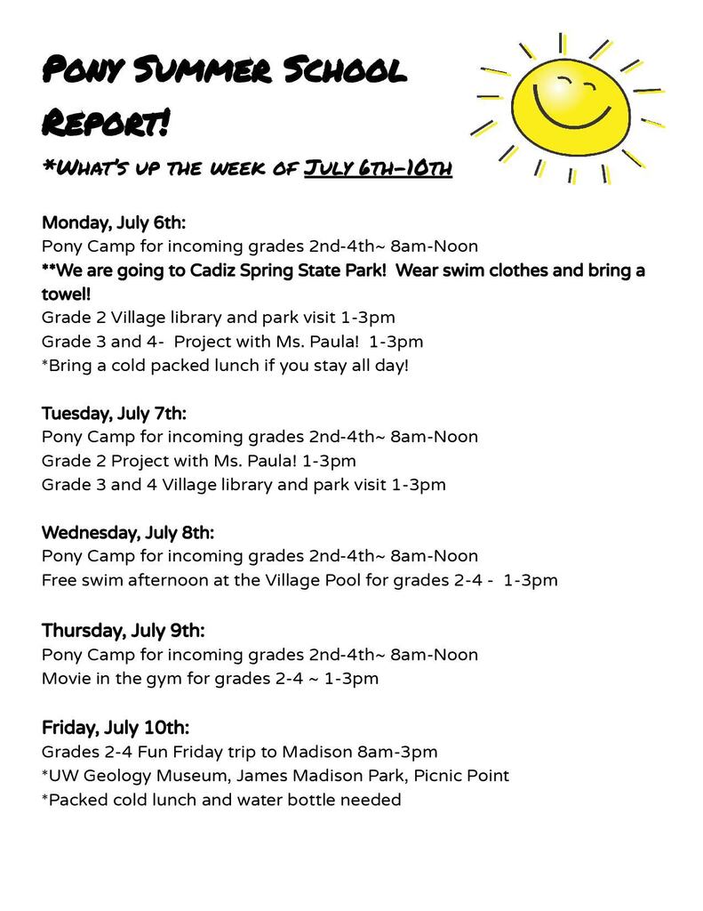 Summer school information for the week of July 6th-10th for 2nd-4th grade
