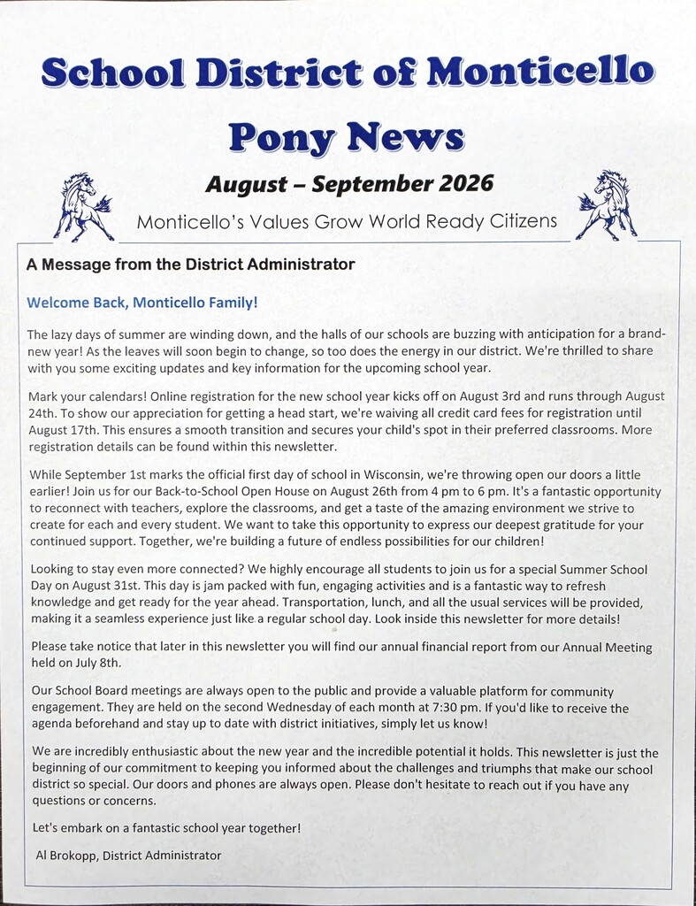 School District of Monticello August-September Newsletter Cover with Two Ponies