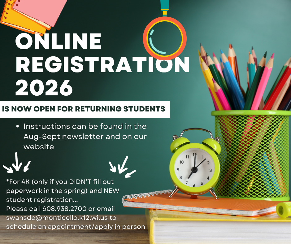2026 online registration information with clock, notebook, book and colored pencils