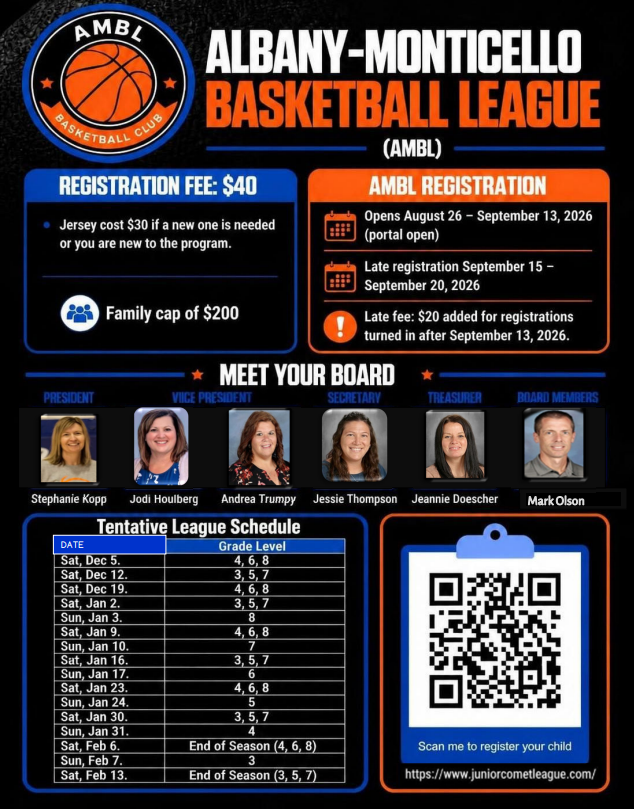 Albany-Monticello Basketball League Registration 3rd-8th Grades