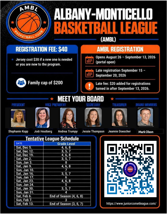 albany-monticello basketball league board members and qr code
