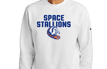 white sweatshirt with space stallions logo
