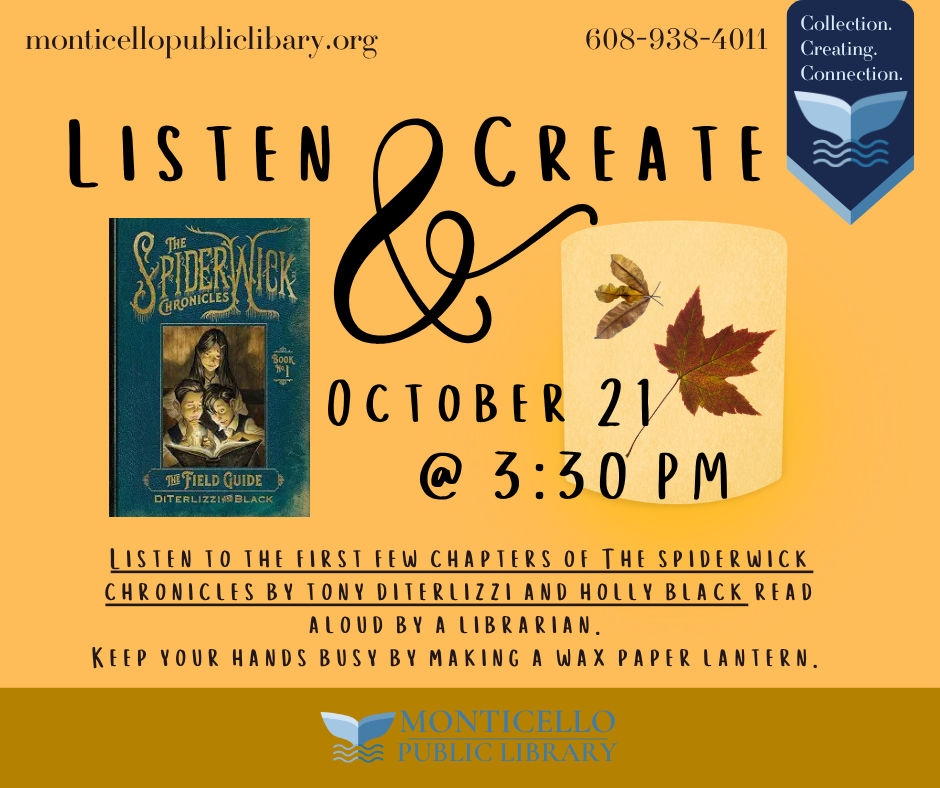 Listen and Create, Book Read Aloud and Craft- Oct. 21 at 3:30pm.
