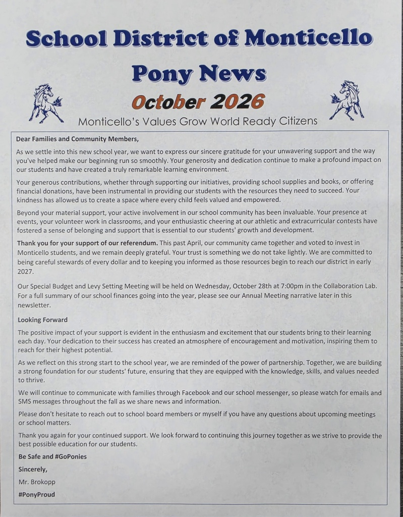 School District of Monticello October Newsletter Cover with 2 Blue Ponies