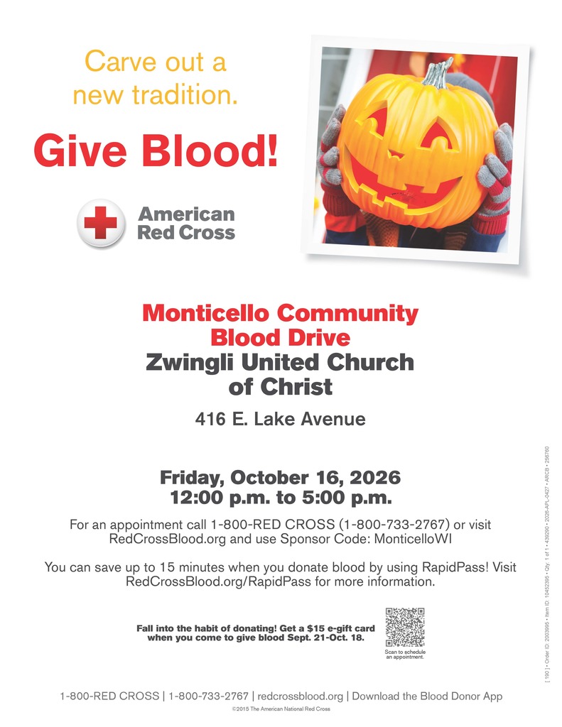 Carve out a new tradition. Give Blood! Monticello Community Blood Drive at Zwiingli United Church of Christ on 416 E Lake Avenue