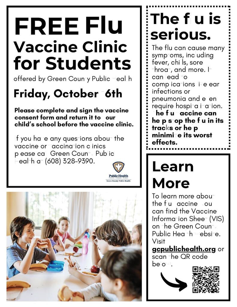 Free Flu Vaccine Clinic For Monticell Students Offered by Green County Public Health on Friday, October 16th