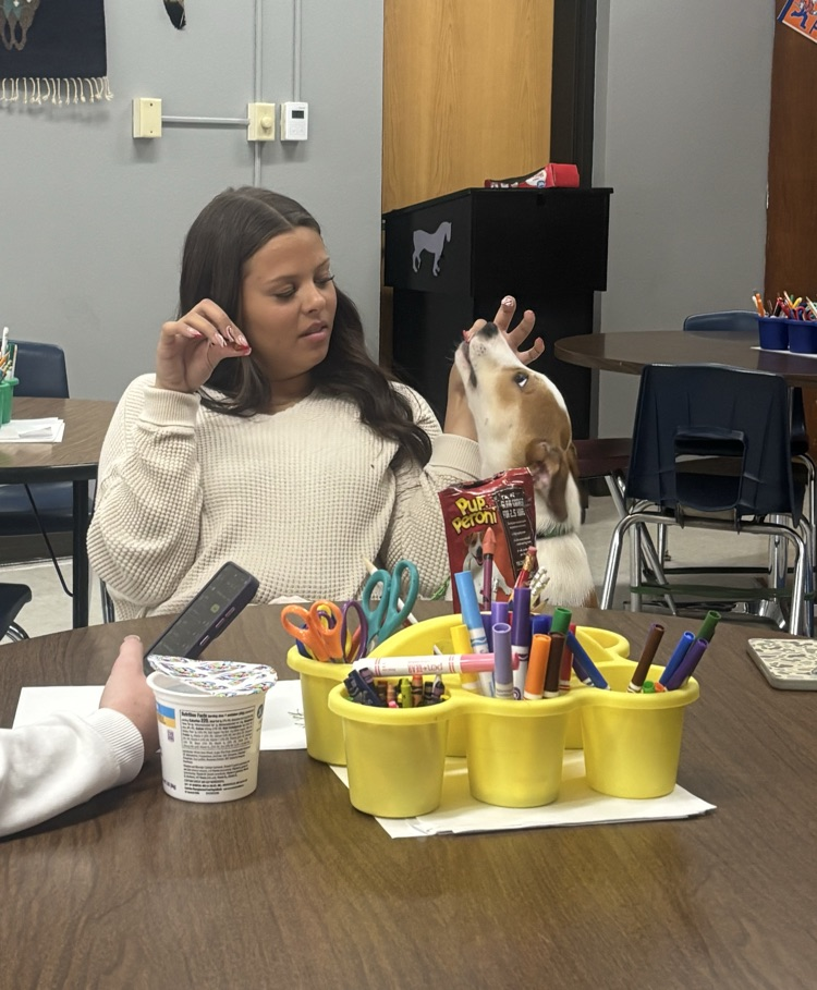 student giving treat to pup